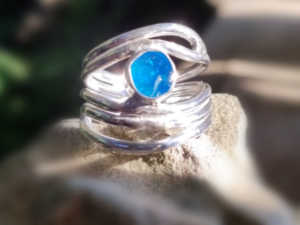 Cremation Kiln Fired Blue Fine Silver Ring